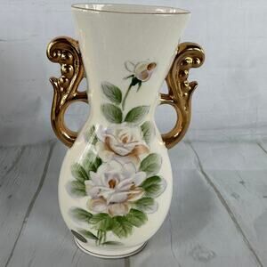 Vintage Hand Painted Enesco Imports Floral Cream Rose Gold Trim Bud Vase
